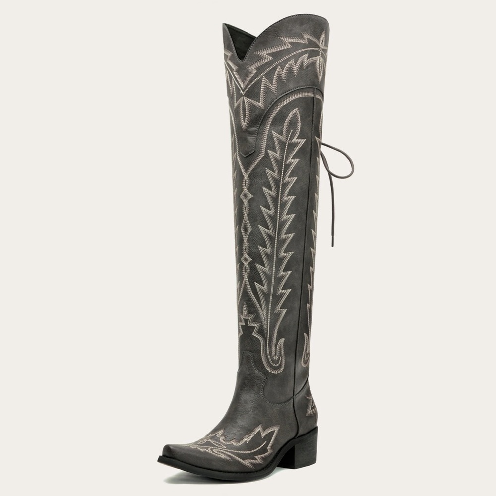 Redtop The Ross Grey Over-The-Knee Cowgirl Boots W/ Back Tie & embrod New In Box